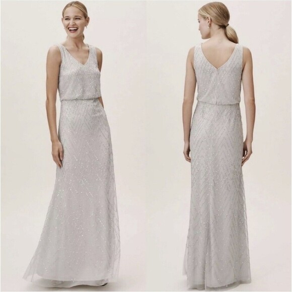 BHLDN Blaise Chevron Pattern Beaded Maxi Dress Light Gray Fog 4 Sleeveless Gown - Picture 1 of 16